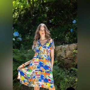 NWT Maloka Dress montgolfière artsy hot air balloon print flutter sleeve Viscose
